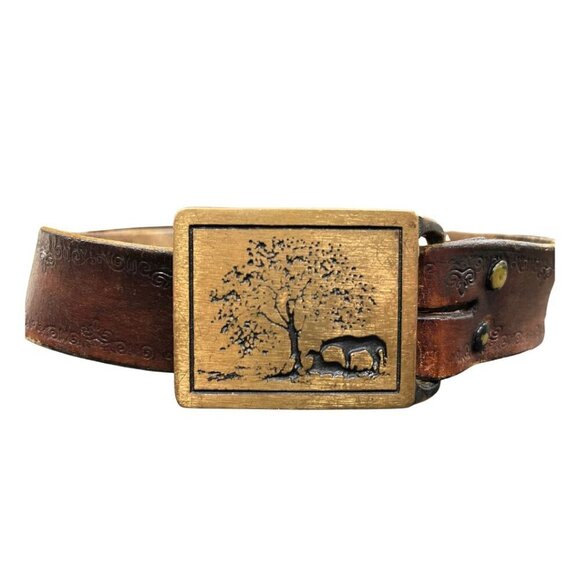 Vintage 1975 Two Horses Tech Ether Guild Brass Belt – Genuine Leather Rare main image 4